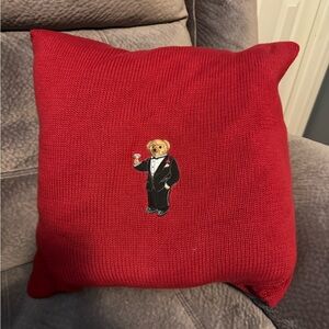 Ralph Lauren Red Knit Pillow with Bear Design 18x18
